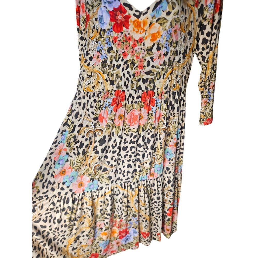 Johnny Was Tiered Boho Chic Midi Dress Animal Floral Print Sz L 3/4 Sleeves - Picture 4 of 8